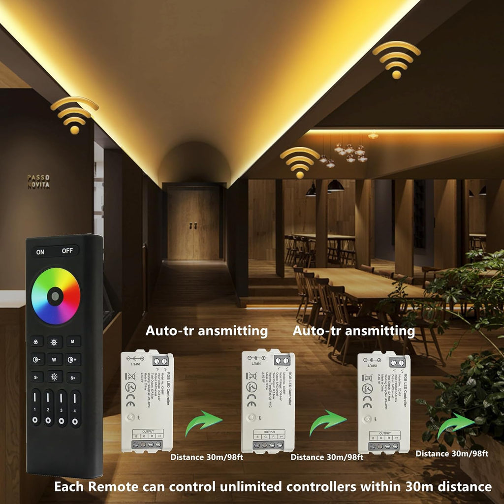 GIDEALED 2 Pack COB RGB LED Controller with 4 Zones RF 2.4G Wireless Remote Control,Support Group Control 5050SMD FCOB 4pin RGB LED Strip DC5V DC 12V 24V,Dimming 1%~100% & Color Changing
