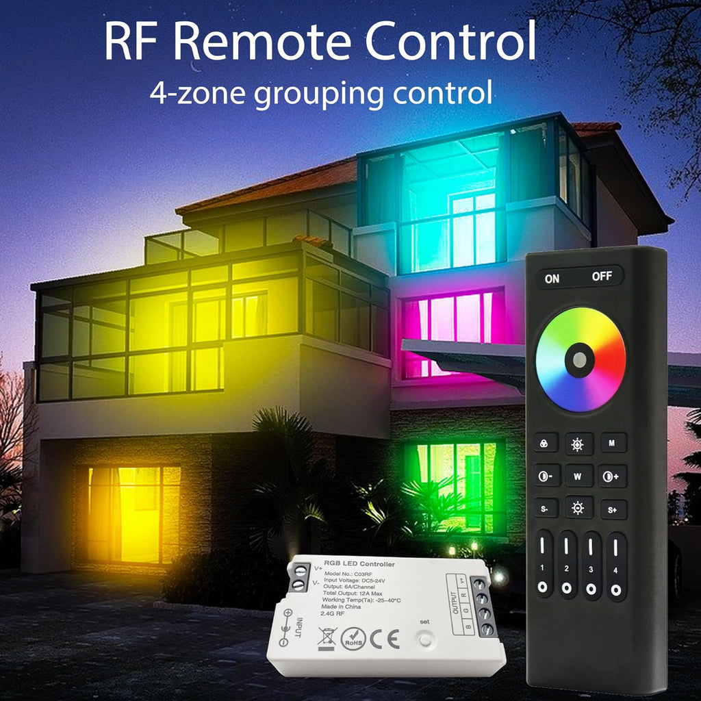 GIDEALED RGB LED Strip Controller,with 4 Zones RF 2.4G Wireless Remote Control,4 Wires COB LED Strip Controller for DC5V~24V Light Strip Color Changing Dimming 1%~100%