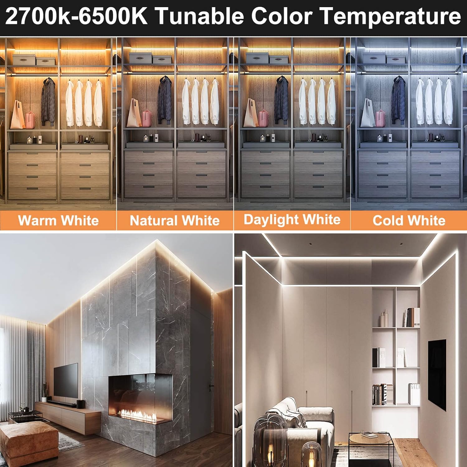 GIDEALED CCT COB LED Strip Light Dimmable Kit 2700K~6500K Warm/Cool White 24v COB LED Strip 16.4ft Tunable by RF Remote Control&Bluetooth Smart APP,Flexible 2880 LEDs Strip Include 24V Power Supply