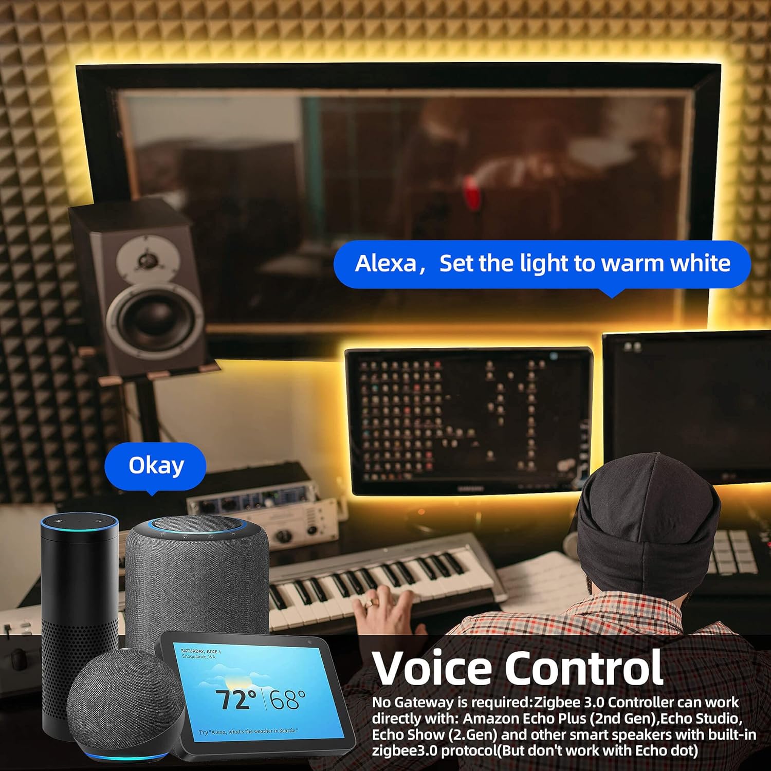 GIDEALED Smart ZigBee 3.0 USB RGBWW LED Strip Light 9.8ft Dimmable Kit,ZigBee Hub Bridge Required for APP/Voice Control Alexa Echo Plus,2700K~6500K Warm White Cool White RGB CCT LED Strip Light 5V