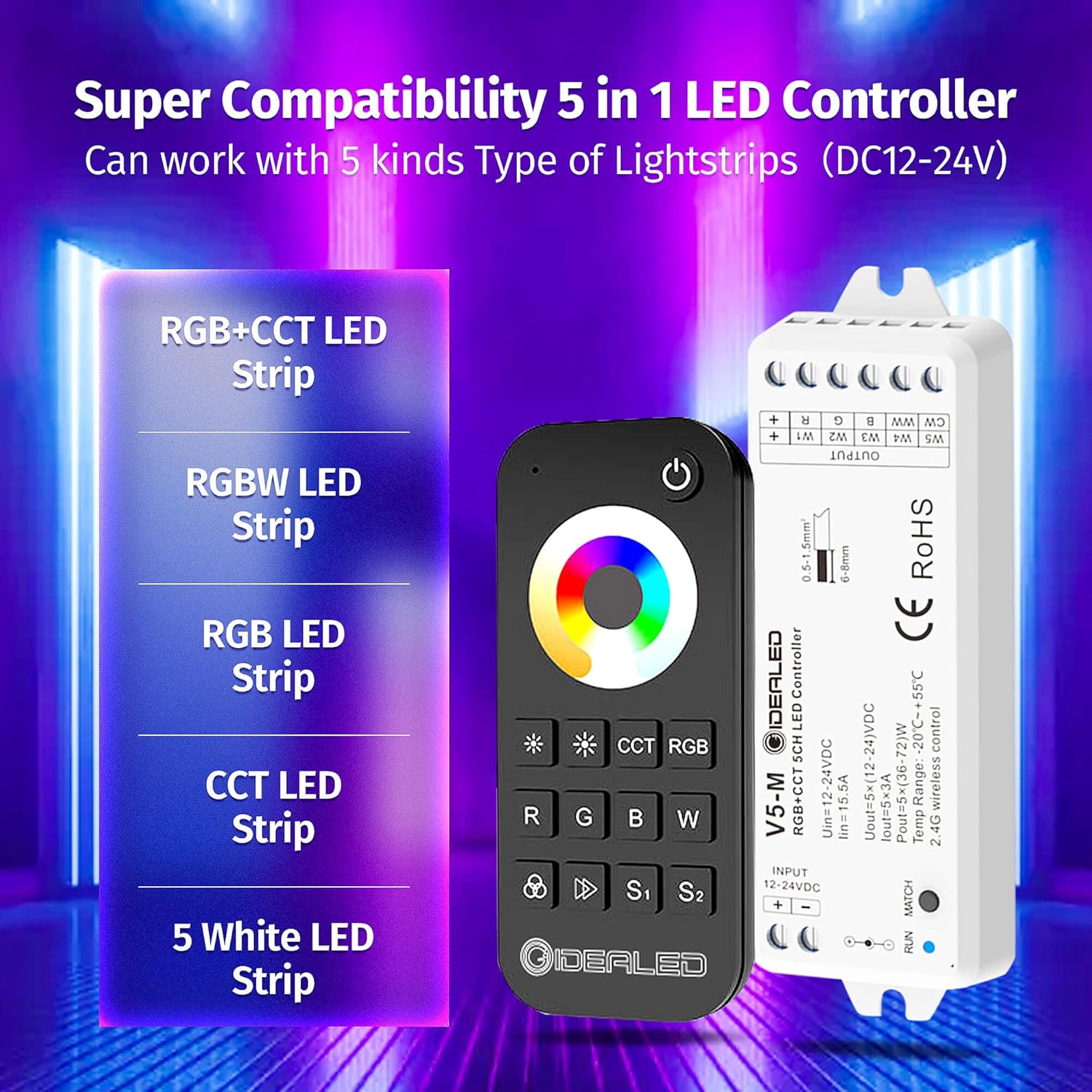 GIDEALED 2.4G Wireless 5 Channel RGBCCT LED Controller with RF Remote Control,Dimming 5 in 1 RGBWW LED Strip Controller for RGBW RGBWW RGB CCT Light Strips Color Chaning DC12V-24V