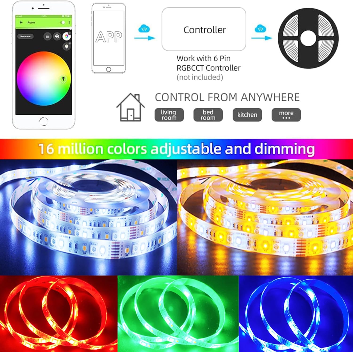 GIDEALED RGBWW LED Strip Lights 2700K~6500K, Warm White Cool White & 16 Million RGB Color Changing,5050 RGBCCT LED Strip Dimmable,DC 12V RGBWW LED Light Strip 16.4ft only