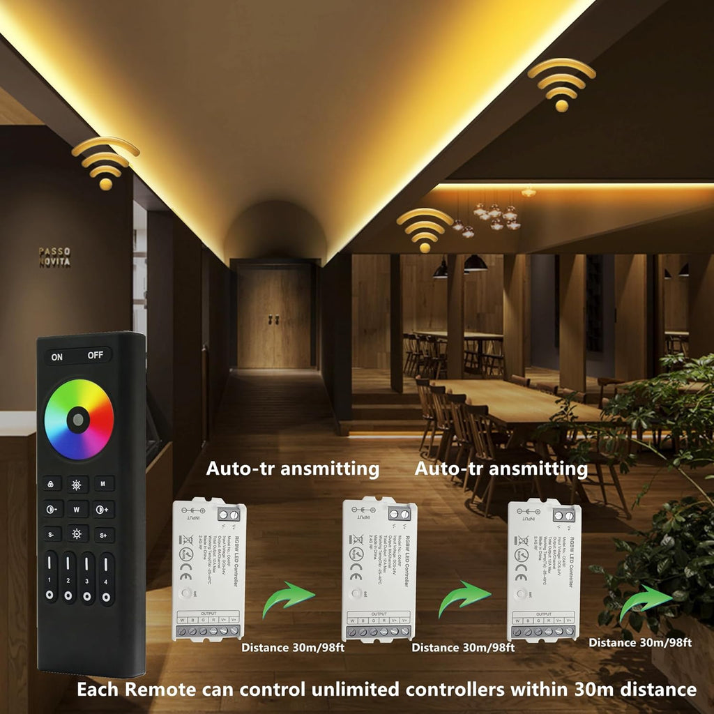 GIDEALED RGBW LED Controller with 4 Zones RF 2.4GHz Wireless Remote Control,4 Channel RGBW LED Strip Controller for FCOB COB RGB RGBW LED Strip Light Dimming & Color Changing DC5V~24V