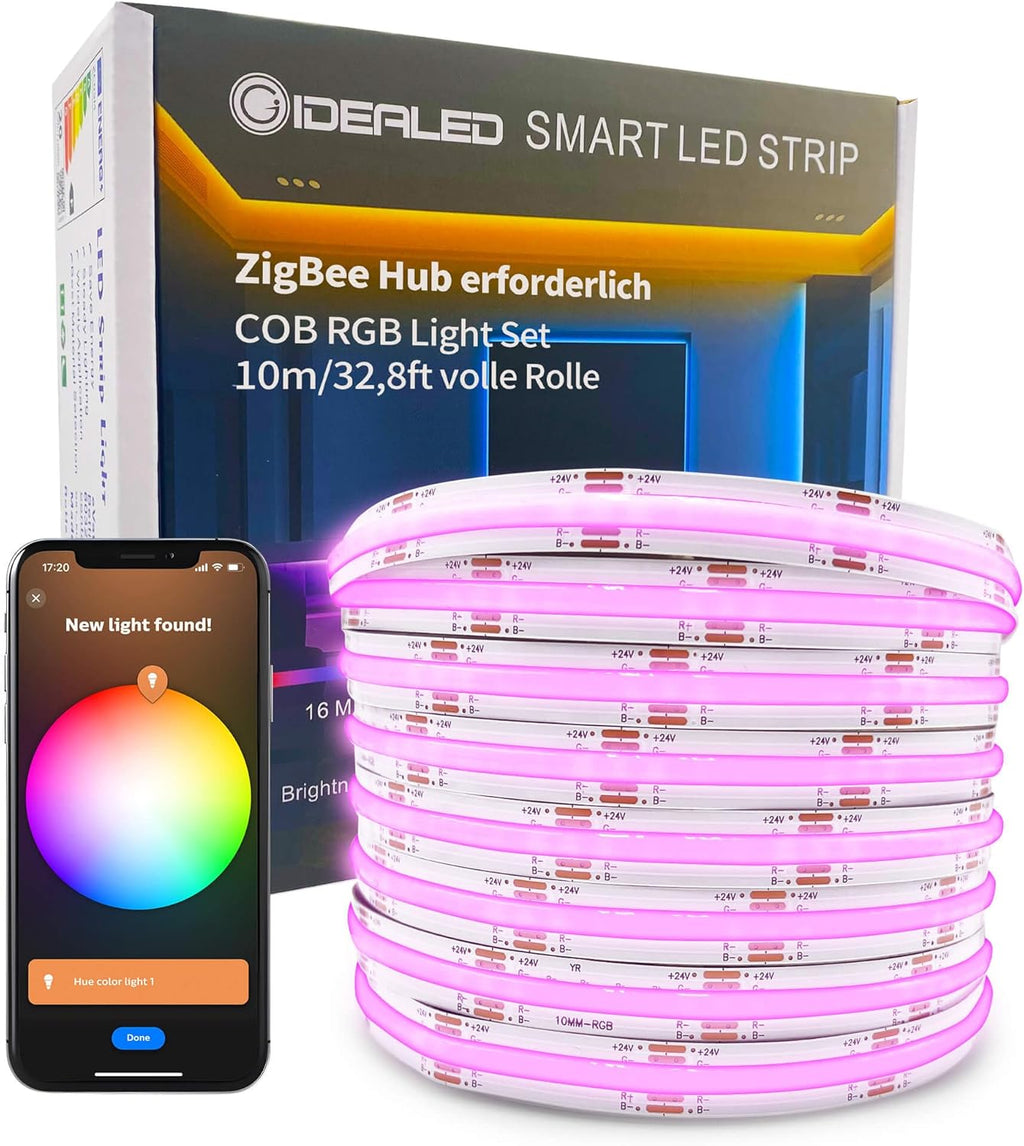 GIDEALED 32.8ft Smart ZigBee RGB COB LED Strip Light 24V Kit,Require ZigBee 3.0 Hub Bridge,Support Hub APP/Alexa Echo Plus Voice Control Flexible LED COB Light Strip Dimmable,Color Changing RGB FCOB