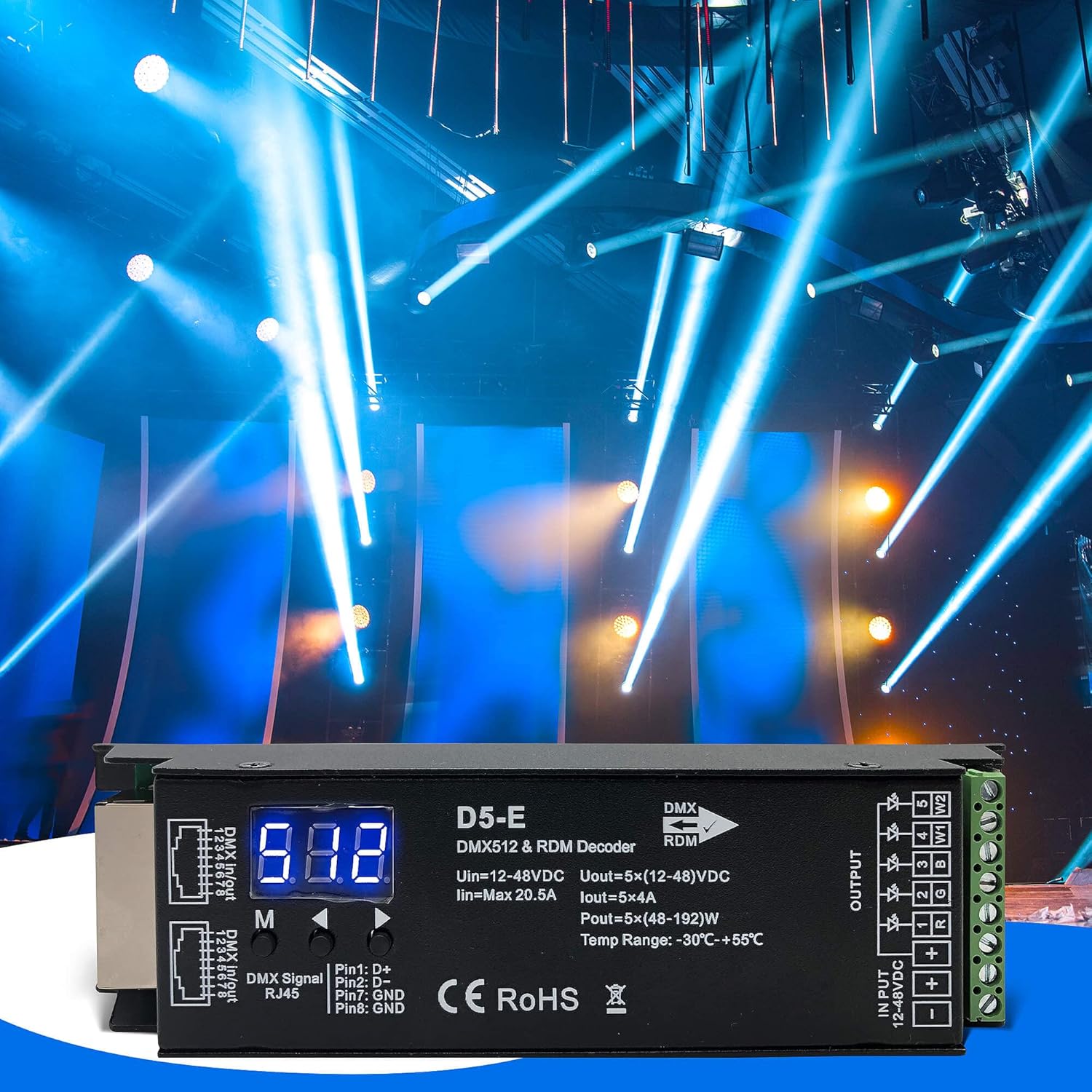5 Channel DMX Decoder with RDM Digital Display,DMX512 Dimmer Driver PWM RGBCCT LED Controller for RGBWW RGBW or 5group White lightstrips LED Module Light Input 12V-48VDC