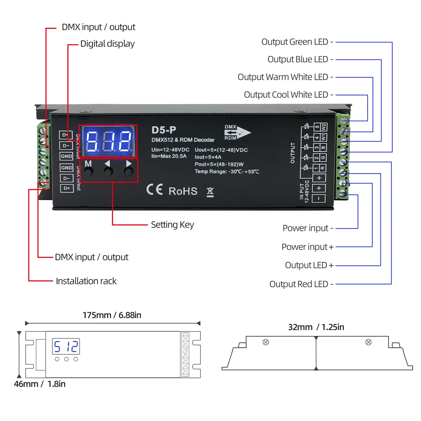 RGBWW 5 CH DMX Decoder with RDM function